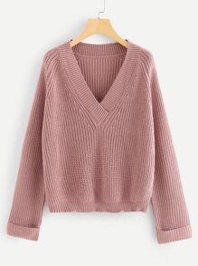 Rolled Up Sleeve V Neck Jumper