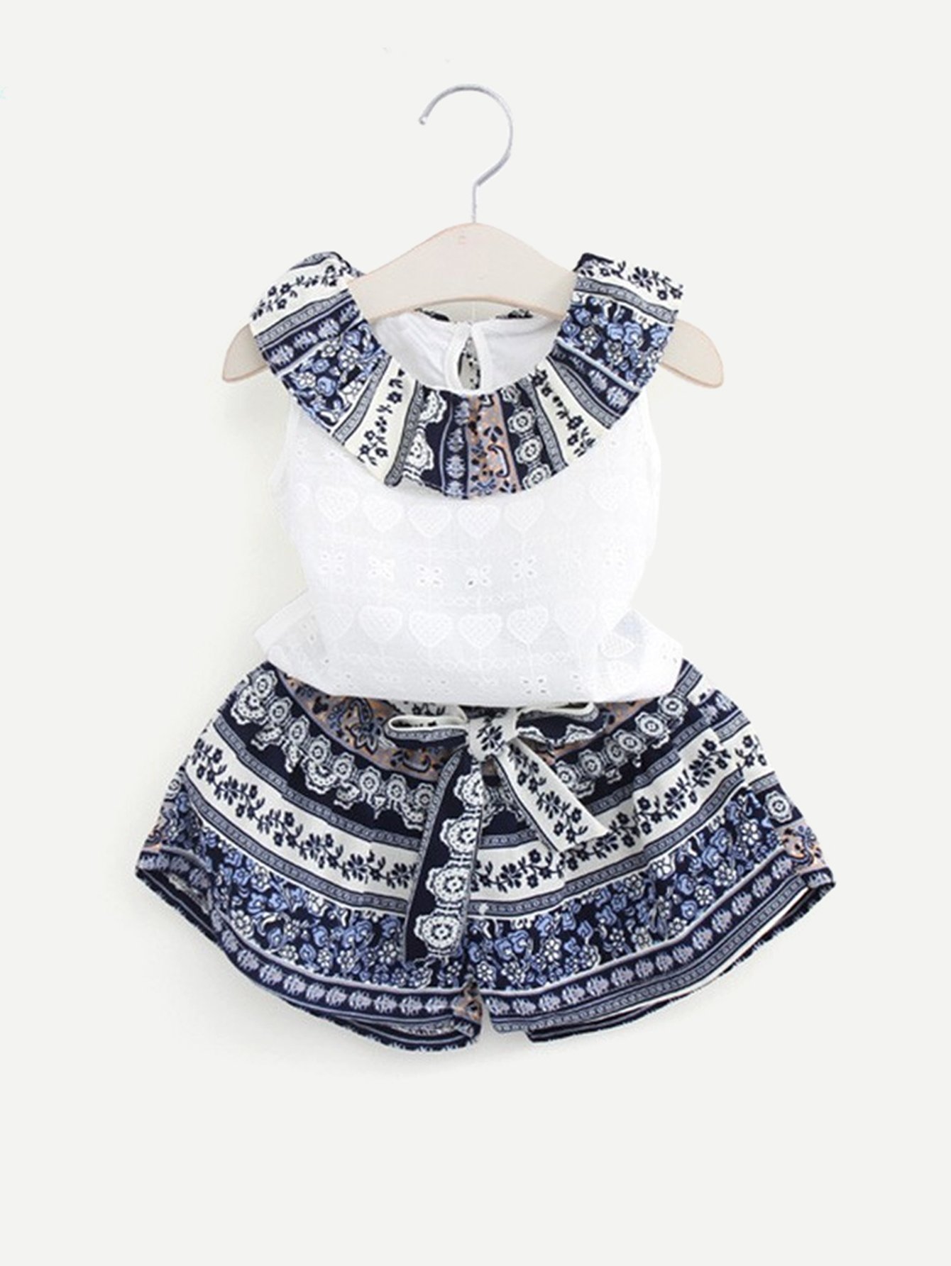 Girls Ruffle Neck Laser Cut Detail Top With Tribal Print Shorts