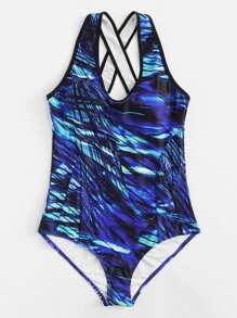 Abstract Print Crisscross Back Swimsuit