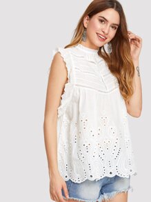 Eyelet Embroidered Frill Trim Blouse