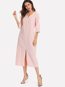 Drop Shoulder Split Front Stripe Dress