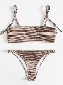Striped Self Tie Bikini Set