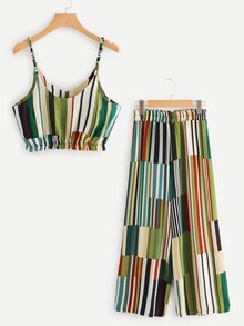 Multi Striped Crop Cami Top With Wide Leg Pants