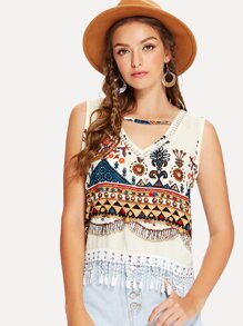Fringe Hem Printed Top
