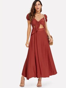 Knot Front Puff Sleeve Open Midriff Dress
