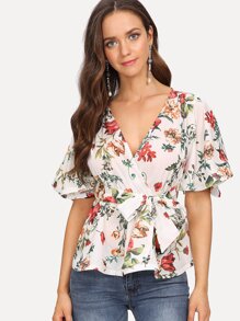 Flutter Sleeve Belted Surplice Wrap Top