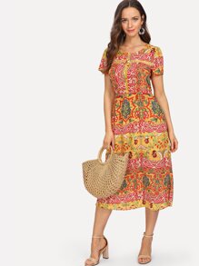 Half Placket Mixed Print Dress