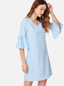 Bow Embellished Trumpet Sleeve Dress