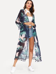 Tropical Print Tassel Embellished Longline Kimono