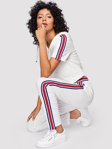 Contrast Tape Tassel Drawstring Hooded Top & Pants Set