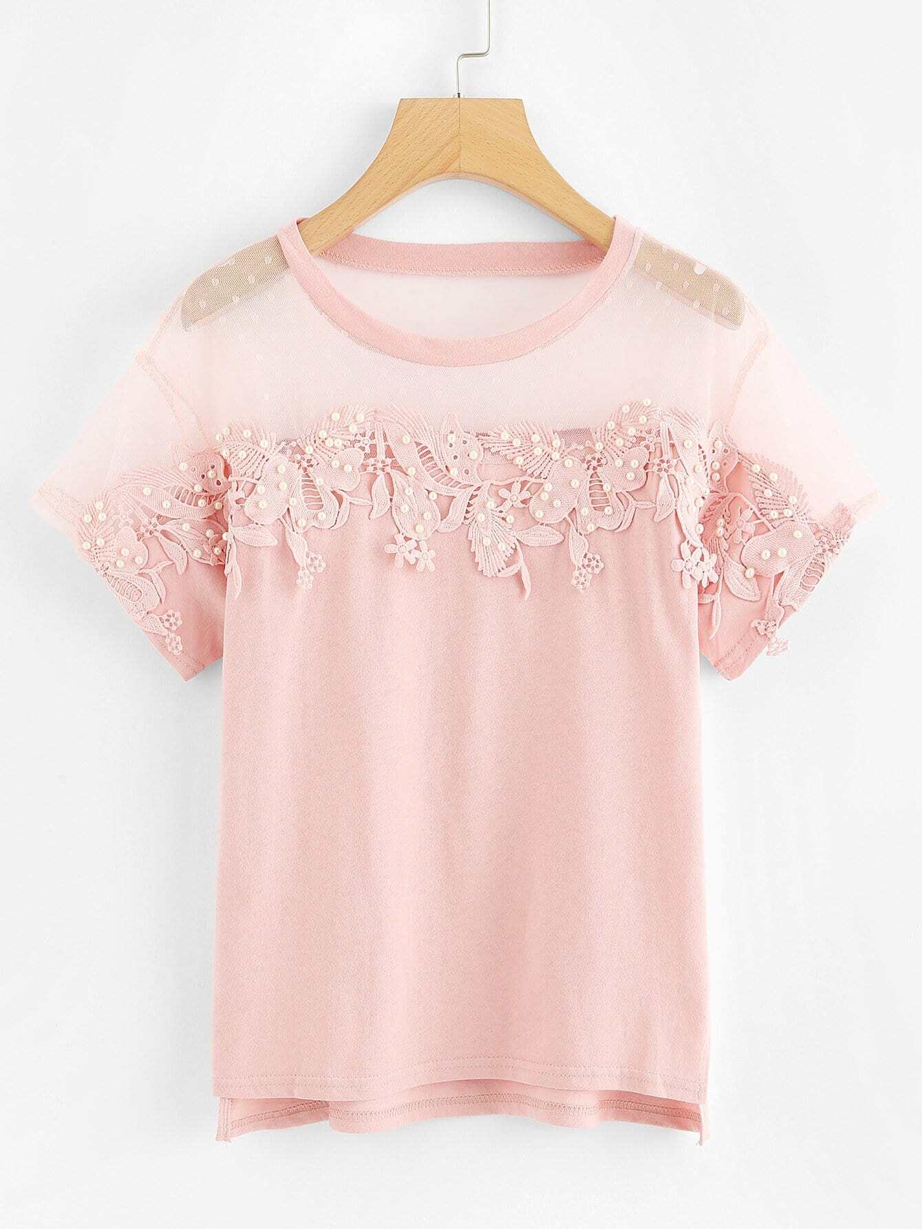 Блузка прозрачная с аппликацией цветы