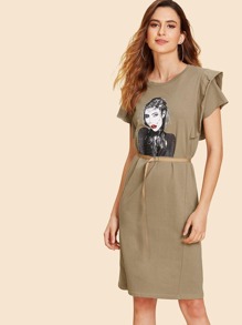 Figure Print Ruffle Sleeve Dress With Belt