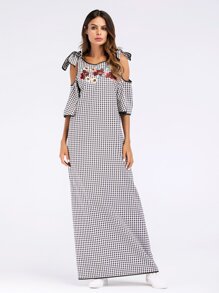 Floral Embroidered Self Tie Open Shoulder Plaid Dress