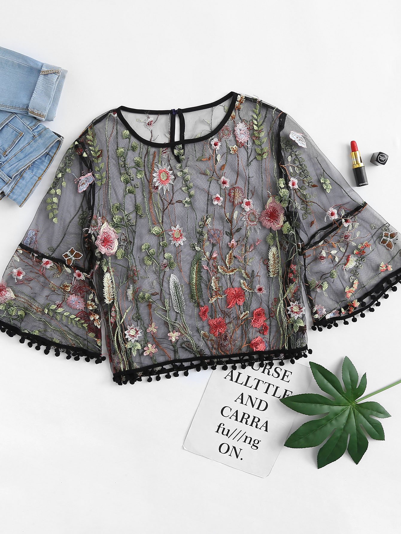 Прозрачная футболка с вышивкой цветы