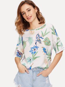 Flower & Bird Print Tunic Top