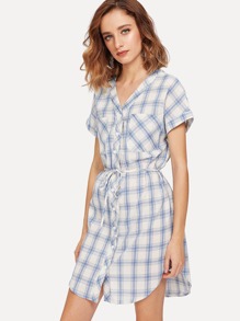 Pocket Patched Plaid Curved Hem Shirt Dress