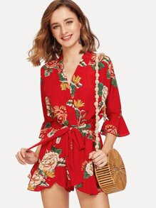Bell Sleeve Ruffle Hem Floral Wrap Romper