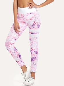 Contrast Waistband Leaf Print Leggings