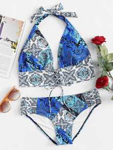 Mixed Print Lace Up Bikini Set