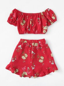 Floral Bardot Top & Ruffle Shorts Co-Ord
