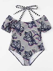 Flower Print Chevron Swimsuit