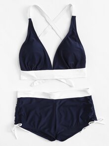 Contrast Trim Cross Back Bikini Set