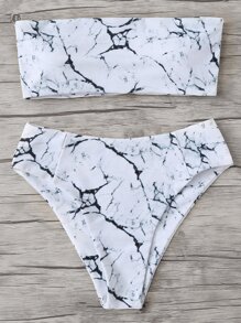 Marble Pattern Bandeau Bikini Set