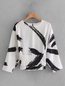 Shirred Waist Brush Strokes Blouse