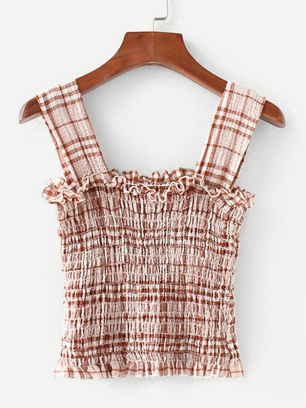 цены Frill Trim Shirred Tartan Crop Top