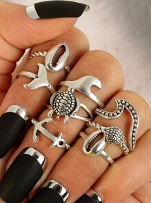 Tortoise & Fishtail Detail Rings Set 8pcs