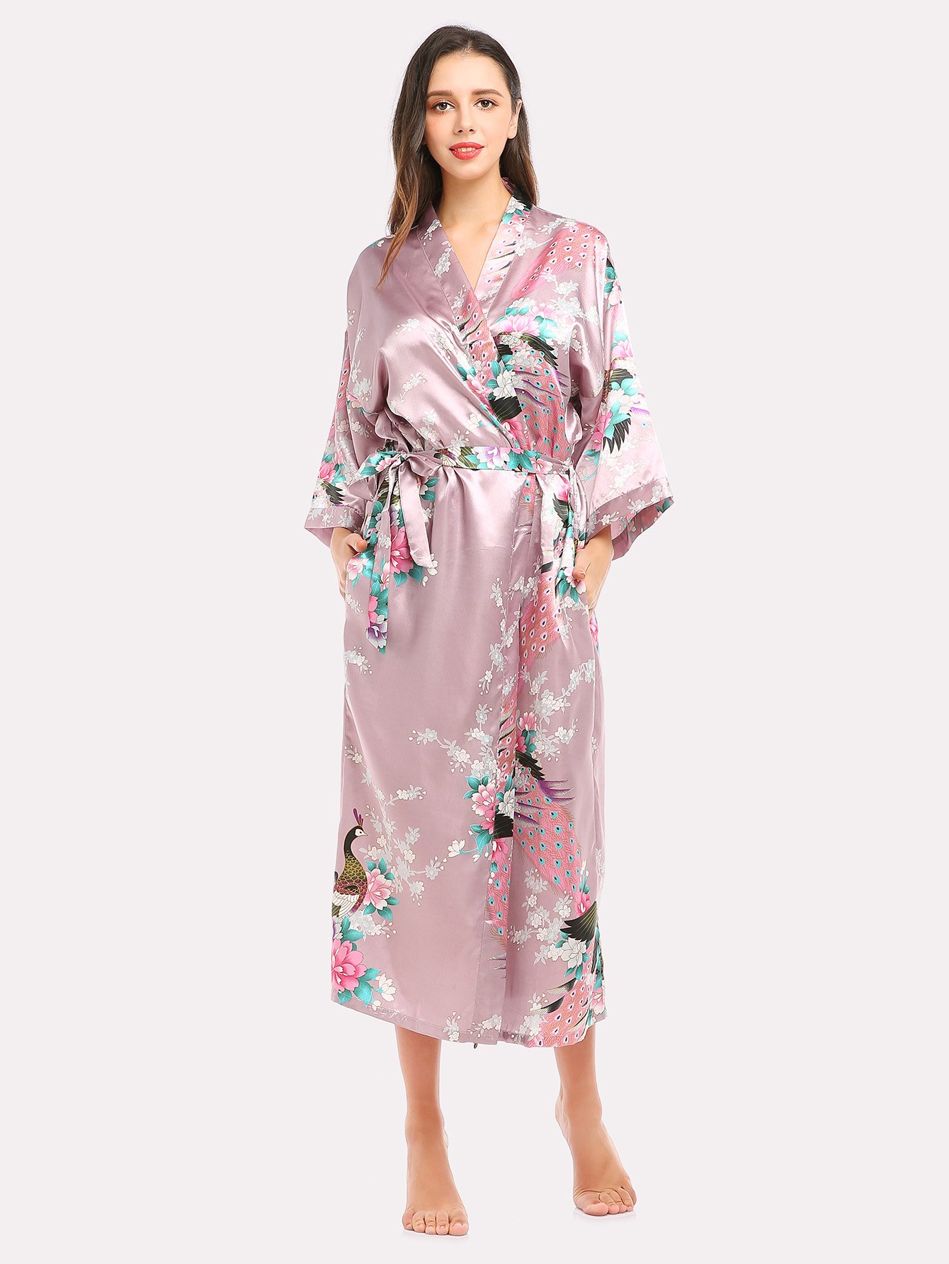 Длинный халат на веревочке с принтом цветы и павлин