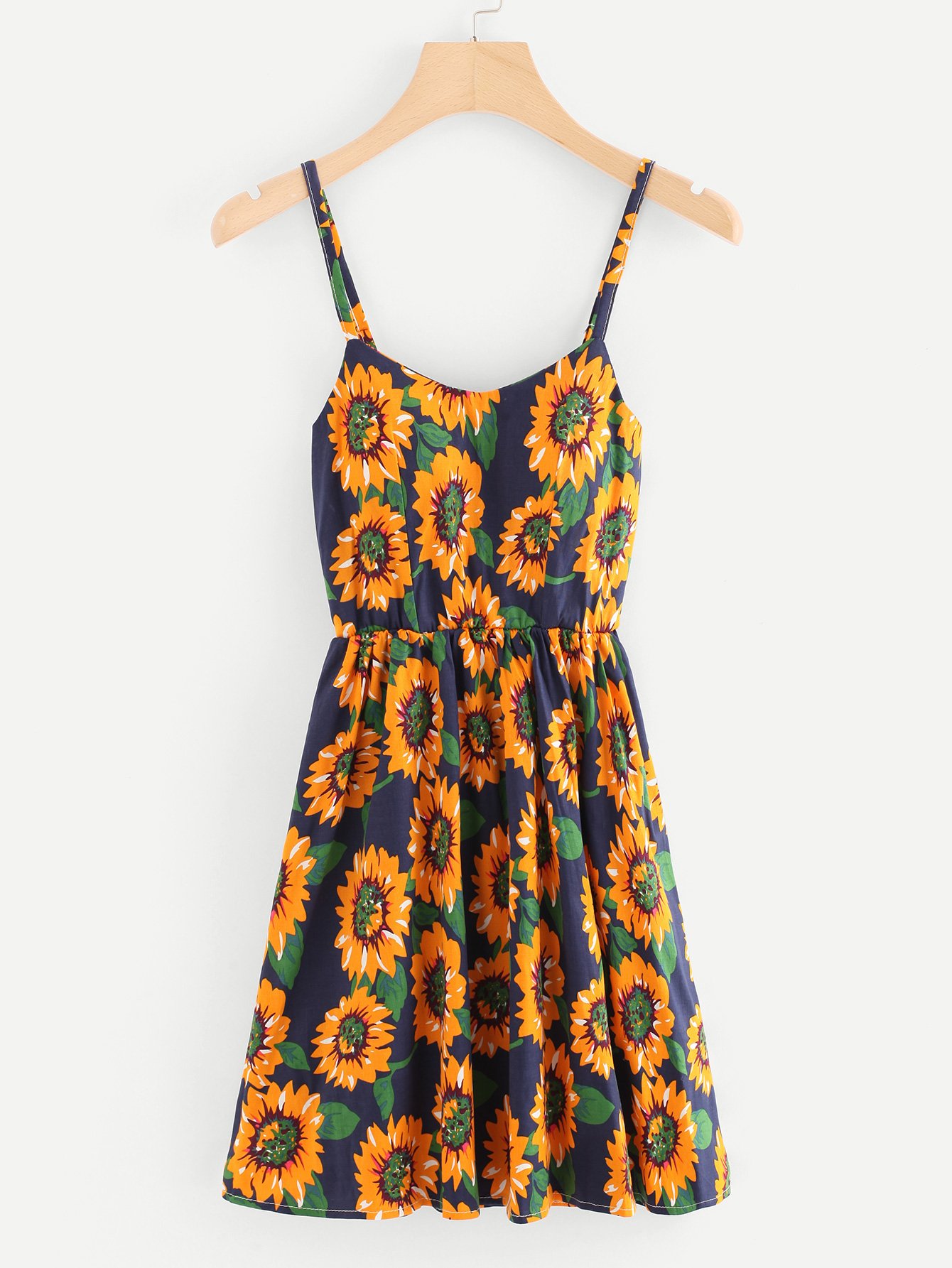 Random Sunflower Print Lace Up Back Cami Dress