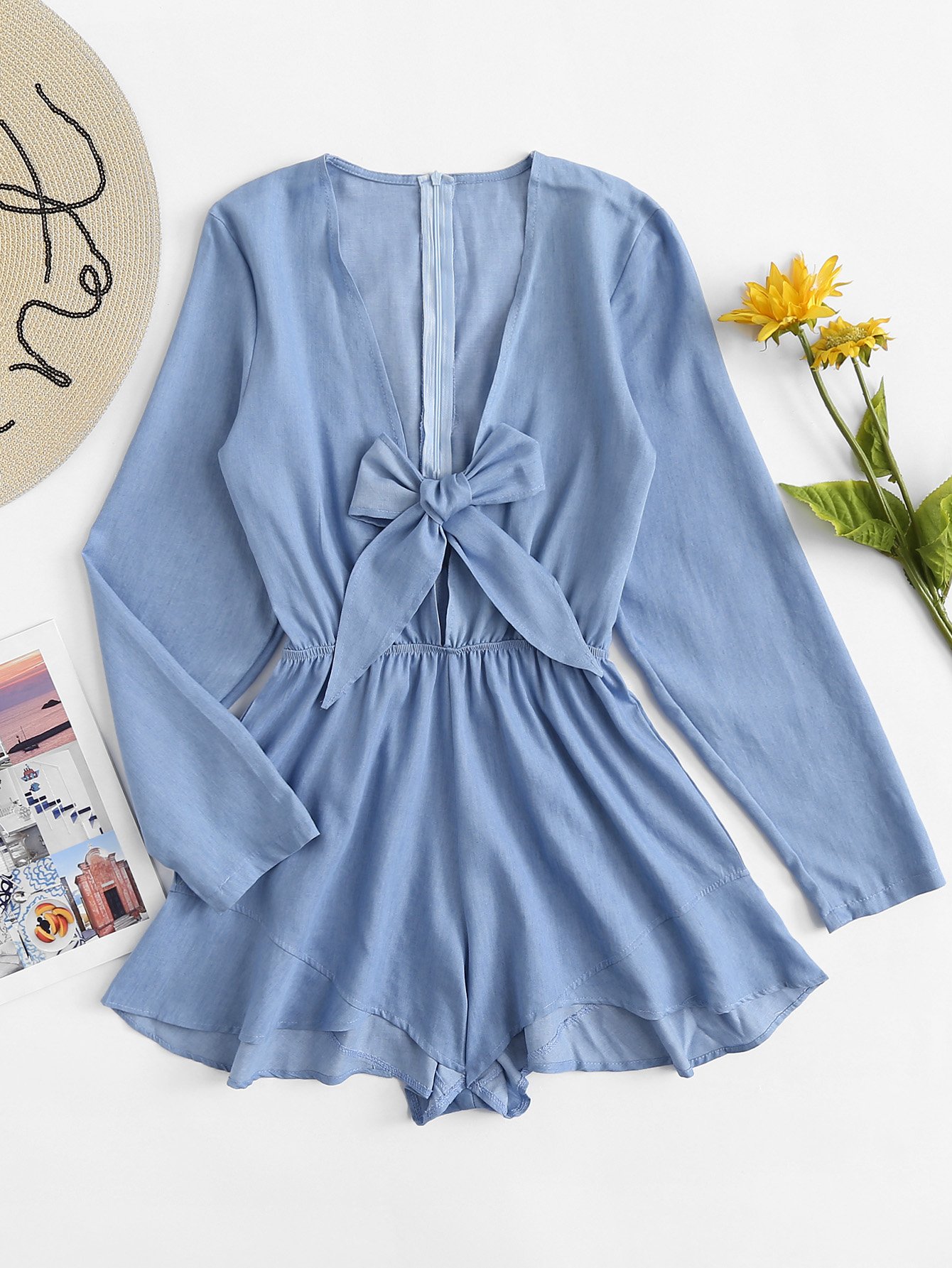 Plunging V-neckline Striped Bow Tie Front Frill Romper