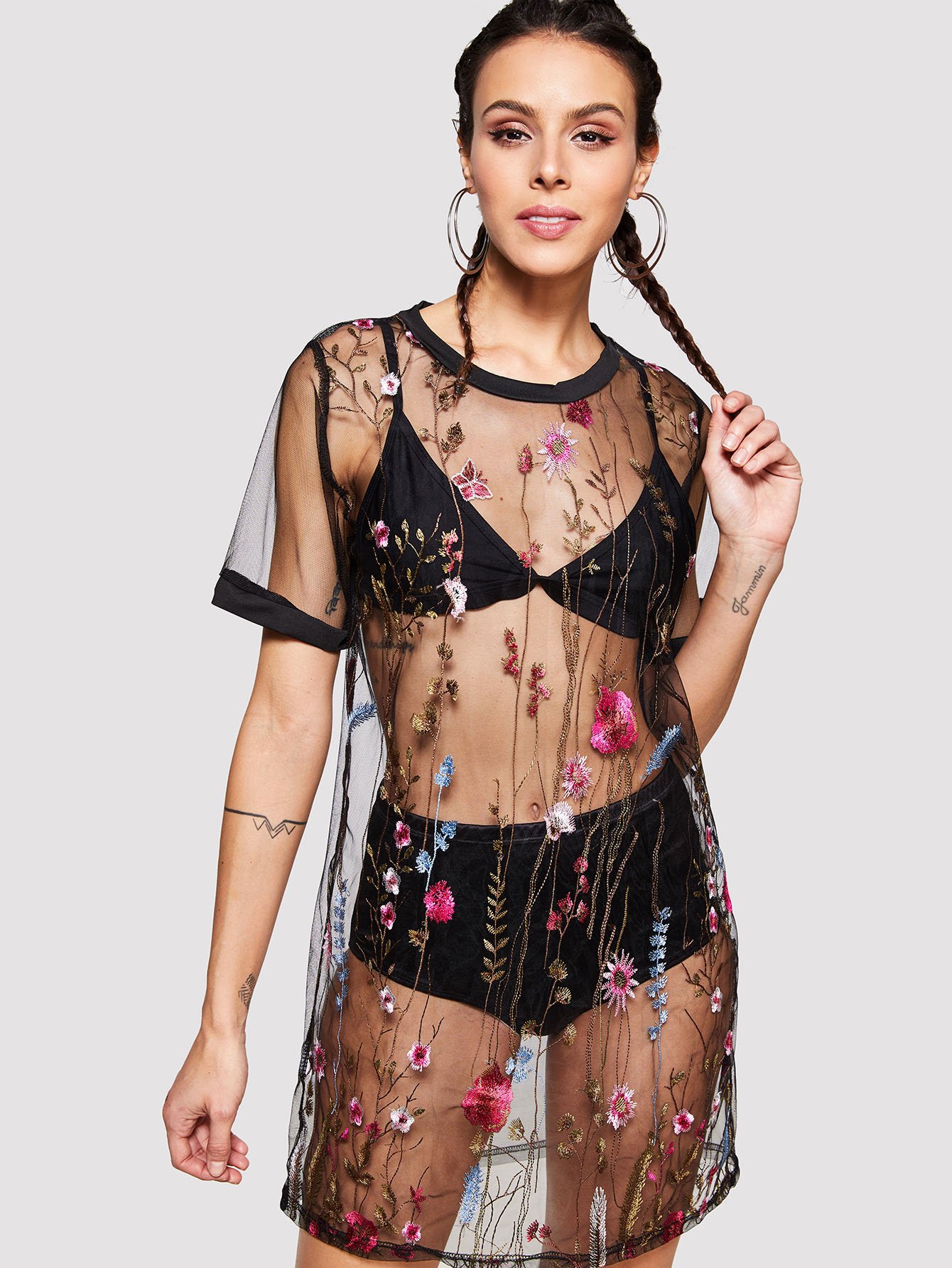 Прозрачное платье с вышивкой цветы без нижнего белья