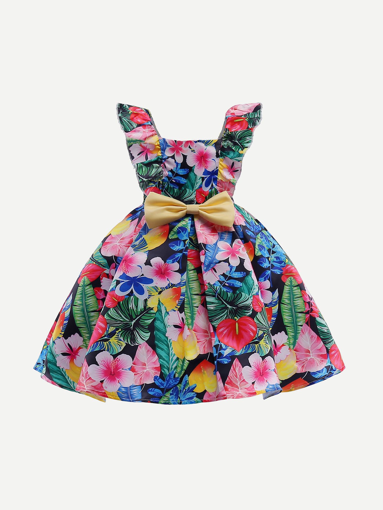 Girls Jungle Print Ruffle Trim Bow Tie Dress