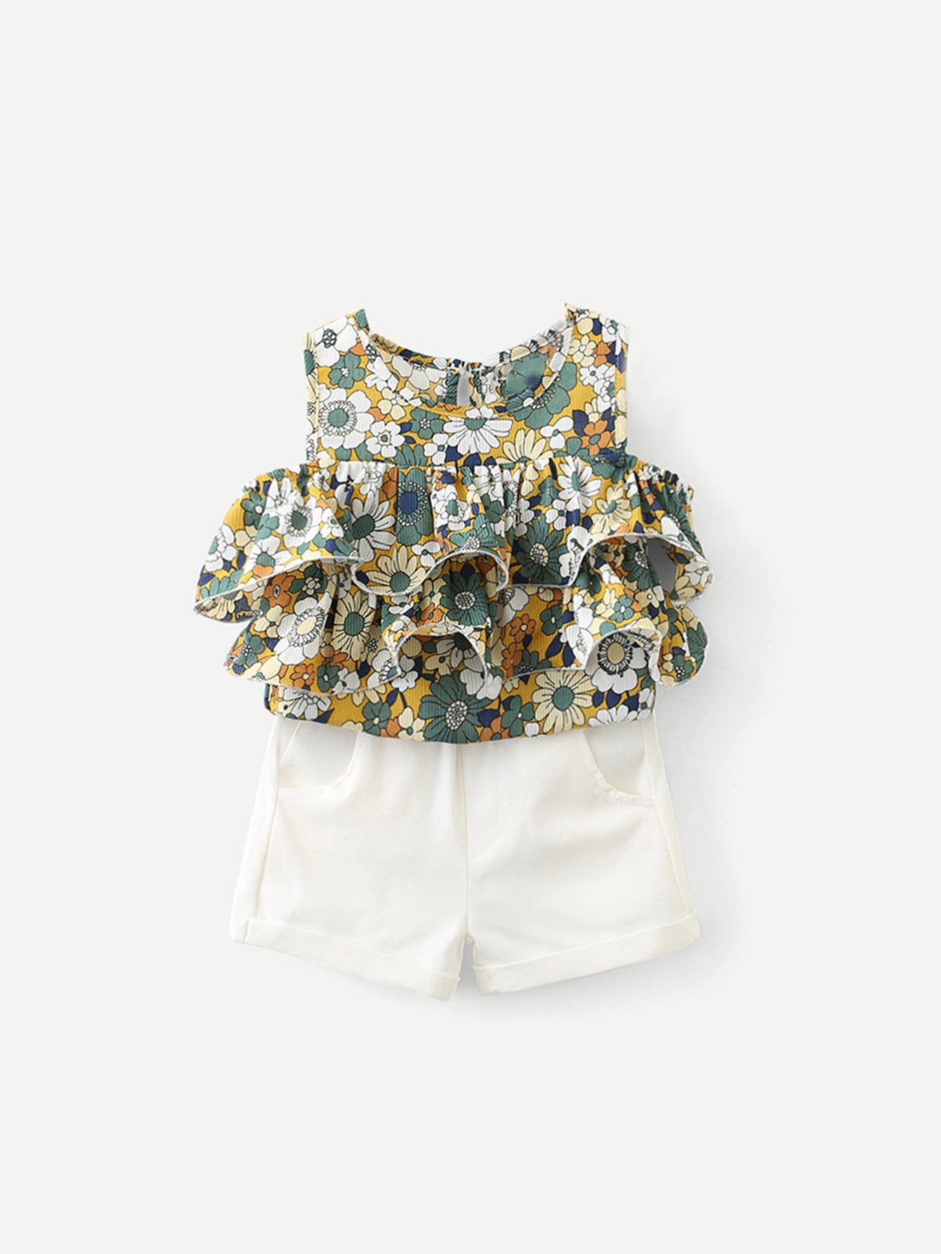 Girls Ruffle Layered Florals Blouse With Shorts