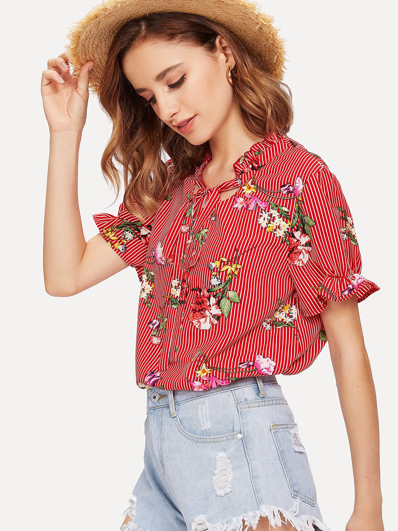 Блузка с принтом полоски и цветы
