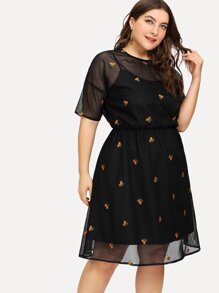 Embroidered Sheer Mesh Overlay Dress