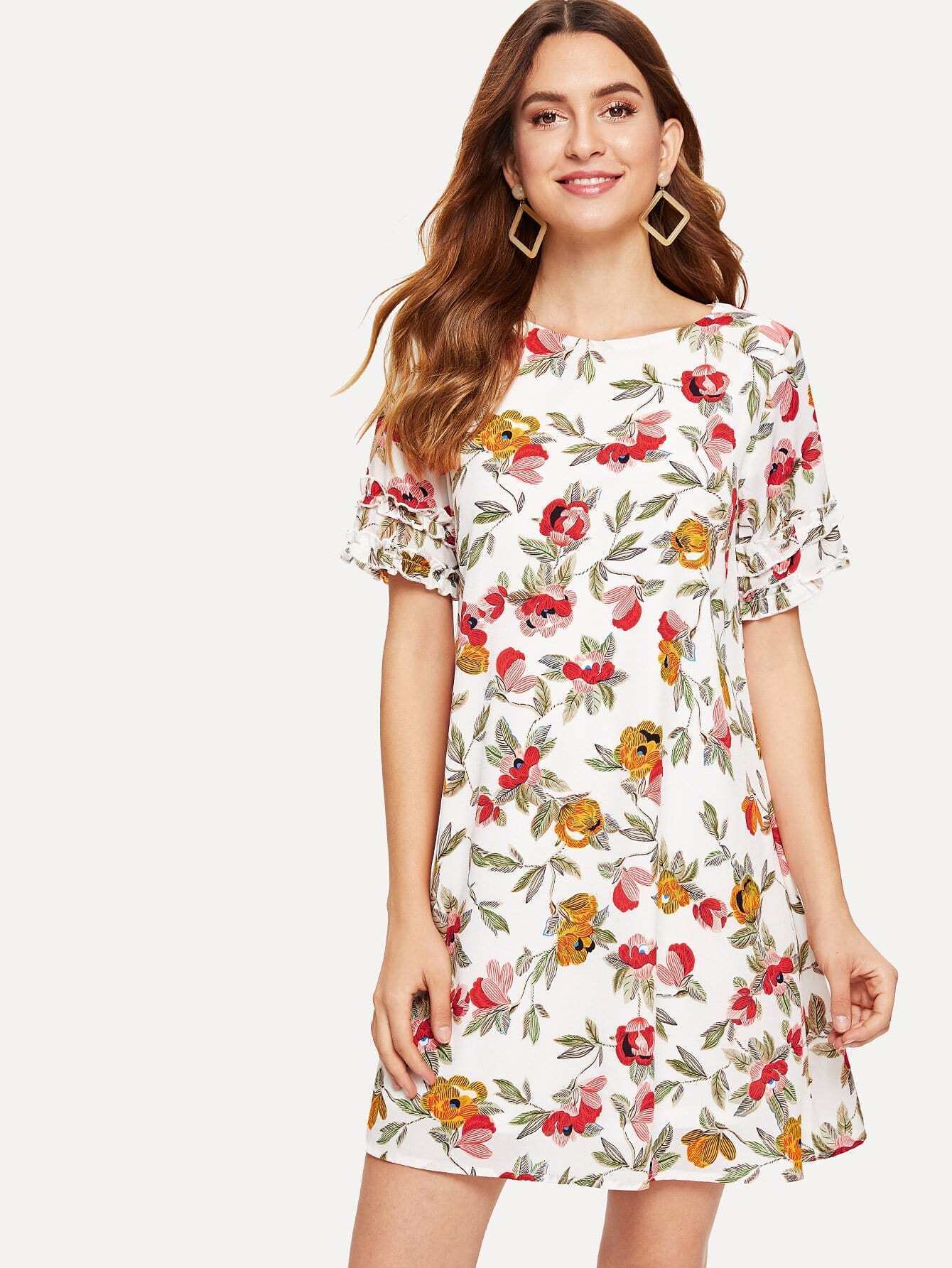 Floral Print Frill Trim Cuff Dress kids floral frill slip dress