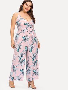 Palm Leaf Print Wrap Cami Jumpsuit