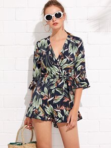 Bell Sleeve Tropical Wrap Romper