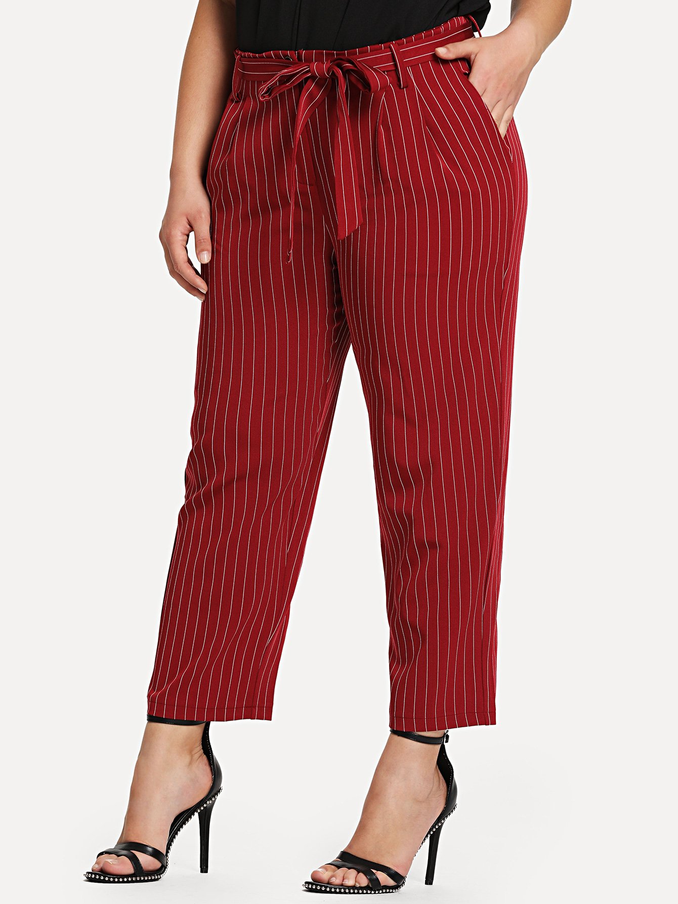 цена Self Belted Vertical Striped Tapered Pants