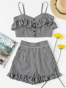 Shirred Back Ruffle Gingham Cami Top With Shorts