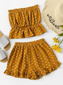 Polka Dot Bandeau Top With Frill Hem Shorts