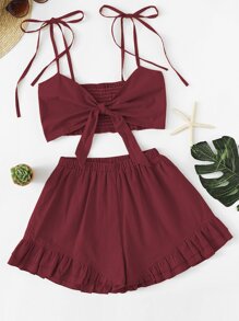 Knot Front Shirred Cami Top With Shorts