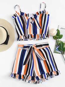 Knot Front Frill Trim Cami Top With Shorts