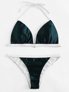 Contrast Binding Halter Bikini Set 