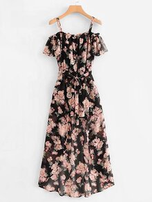 Florals Belted Chiffon Romper With Skirt Overlay