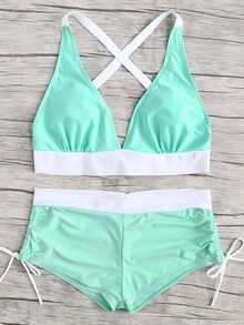 Contrast Trim Criss Cross Bikini Set