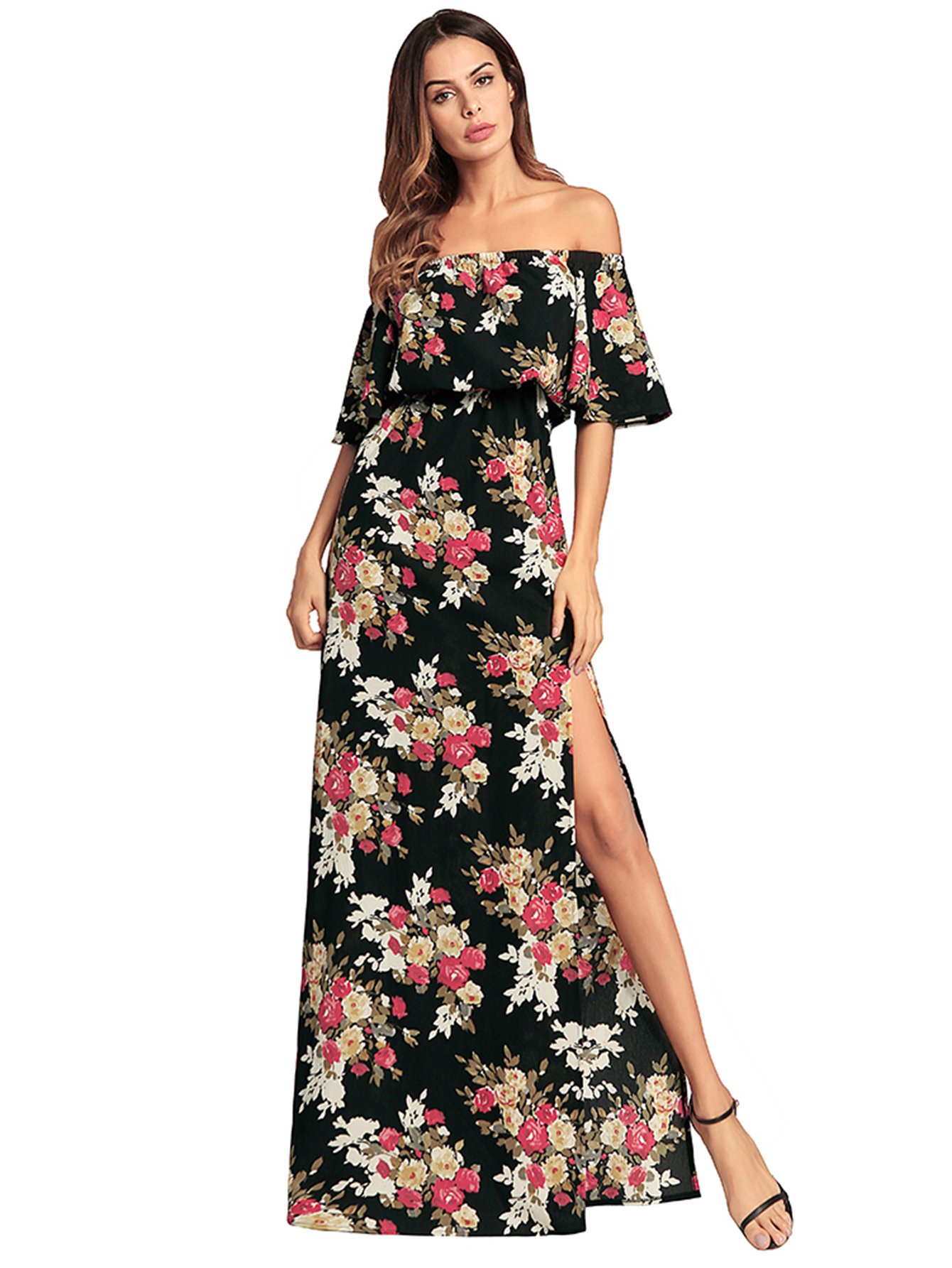 Платье с открытыми плечами и принтом цветы
